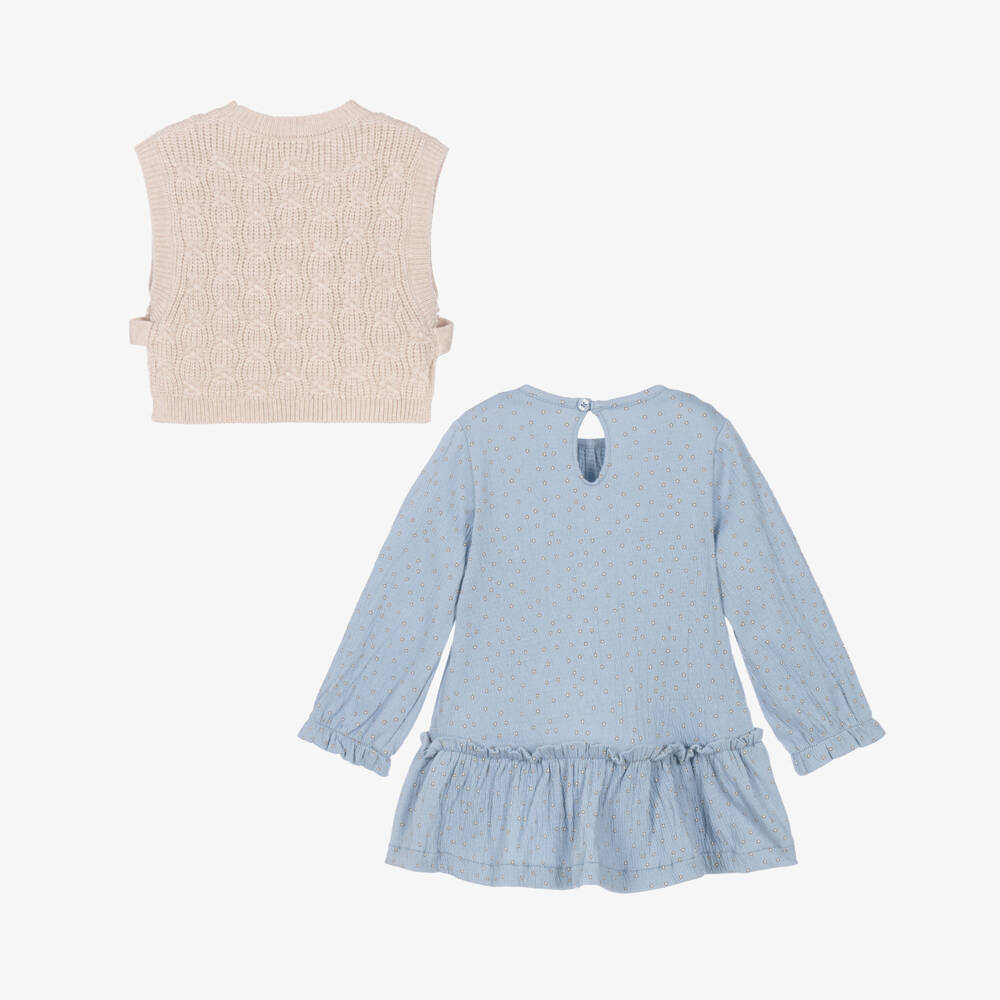 Mayoral-Girls Blue Floral Dress & Knitted Tank Top Set | Childrensalon