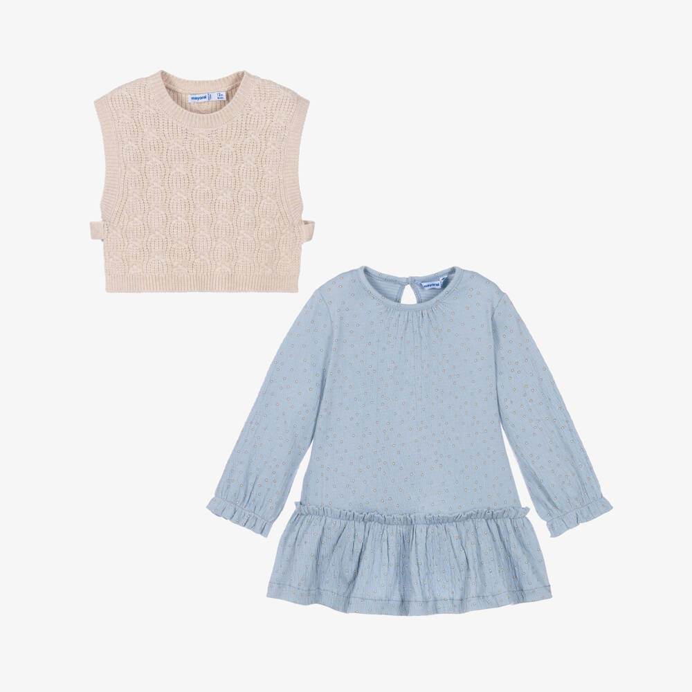 Mayoral-Girls Blue Floral Dress & Knitted Tank Top Set | Childrensalon