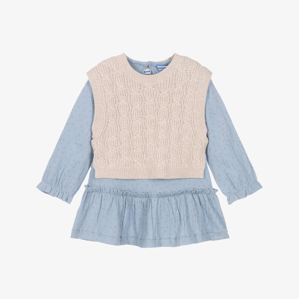 Mayoral-Girls Blue Floral Dress & Knitted Tank Top Set | Childrensalon