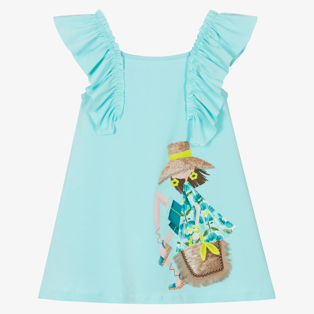 Mayoral-Платье голубое из хлопкового трикотажа с графическим принтом для девочек | Childrensalon