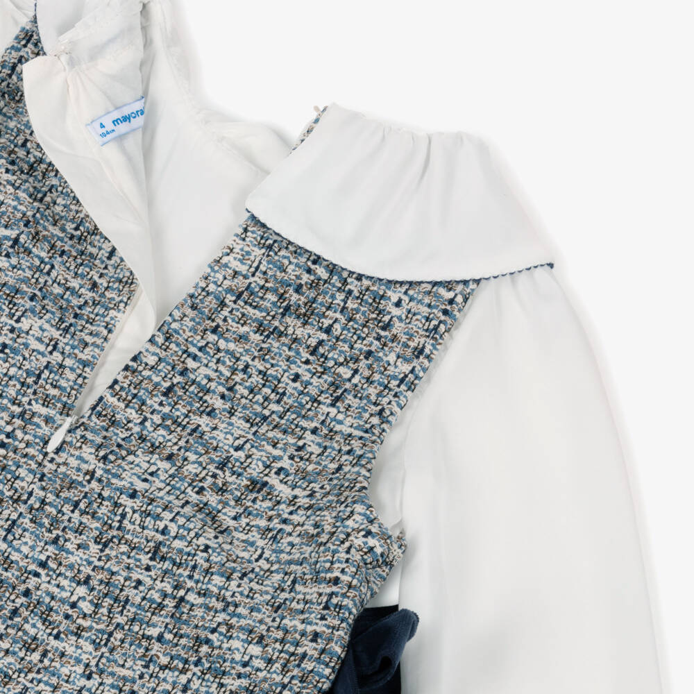 Mayoral-Платье синее из твида с многослойным эффектом и бархатными бантами | Childrensalon