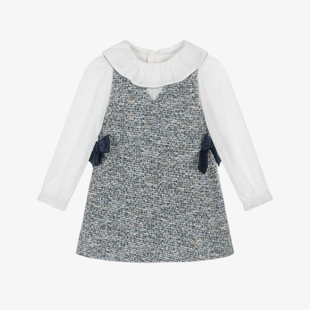 Mayoral-Girls Blue Layered-Look Tweed Dress with Velvet Bows | Childrensalon