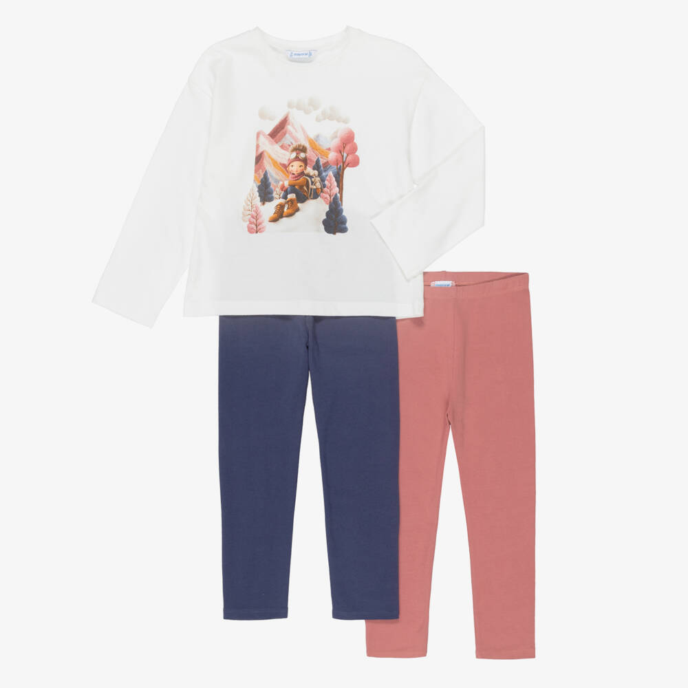 Mayoral-Girls Blue & Pink Cotton Mountain Print Leggings Set | Childrensalon