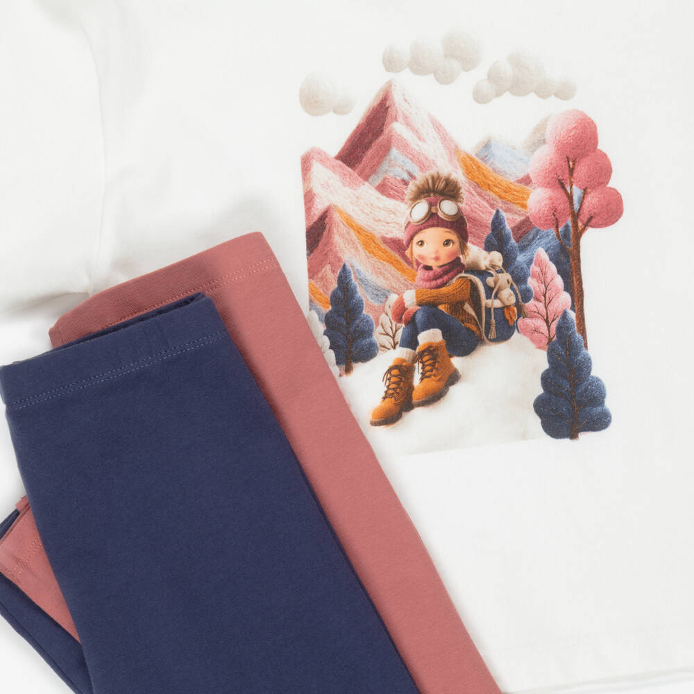 Mayoral-Girls Blue & Pink Cotton Mountain Print Leggings Set | Childrensalon