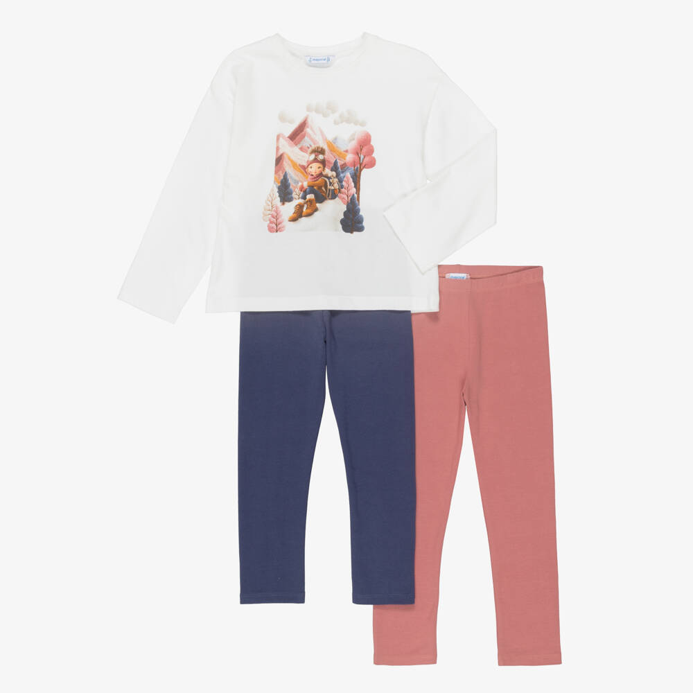 Mayoral-Girls Blue & Pink Cotton Mountain Print Leggings Set | Childrensalon