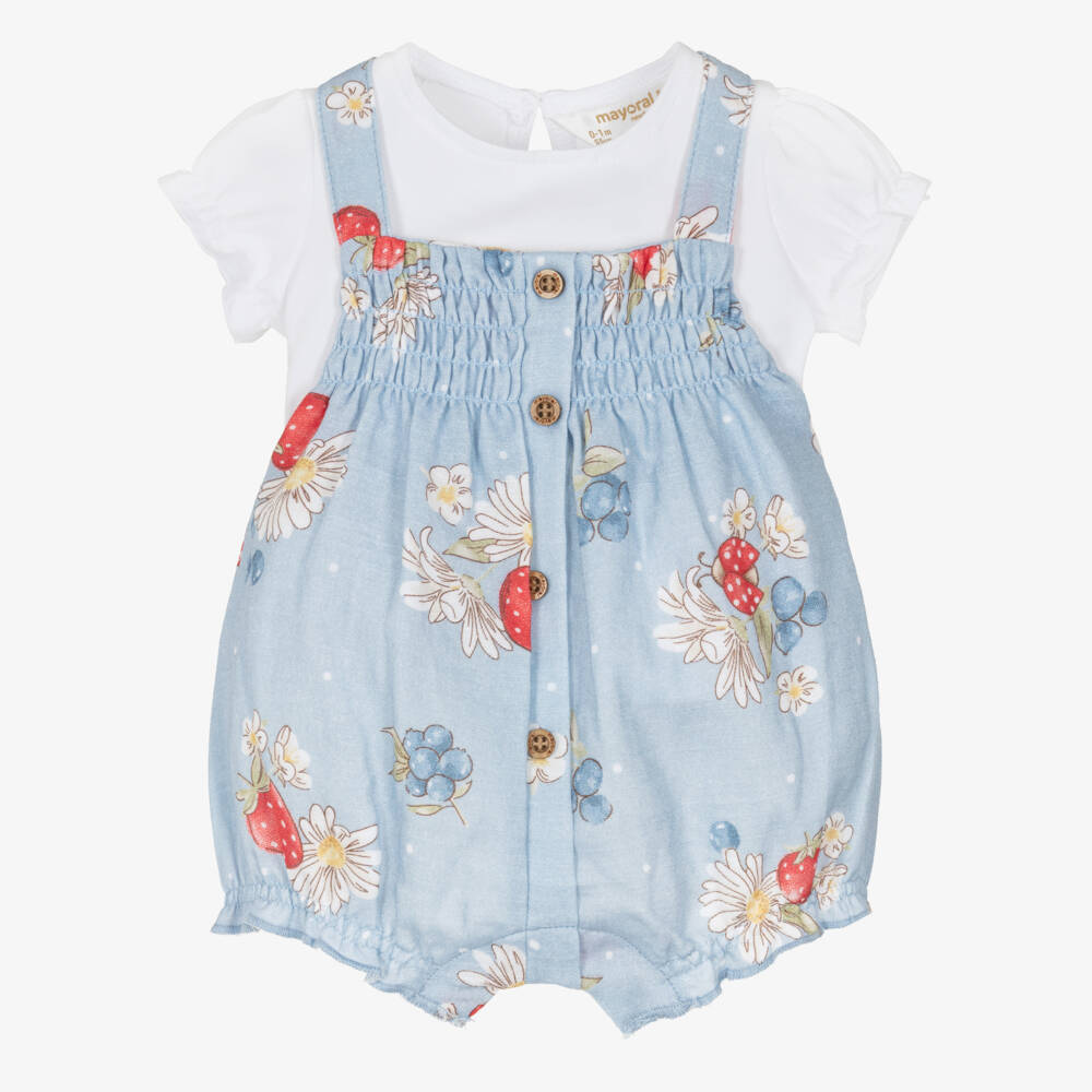 Mayoral Для новорожденных-Girls Blue Shortie Set with Berry Pattern | Childrensalon