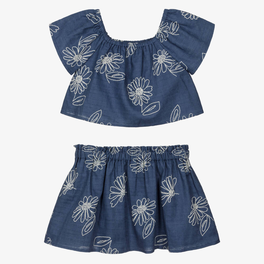Mayoral-Girls Blue Skirt Set with Embroidered Flowers | Childrensalon