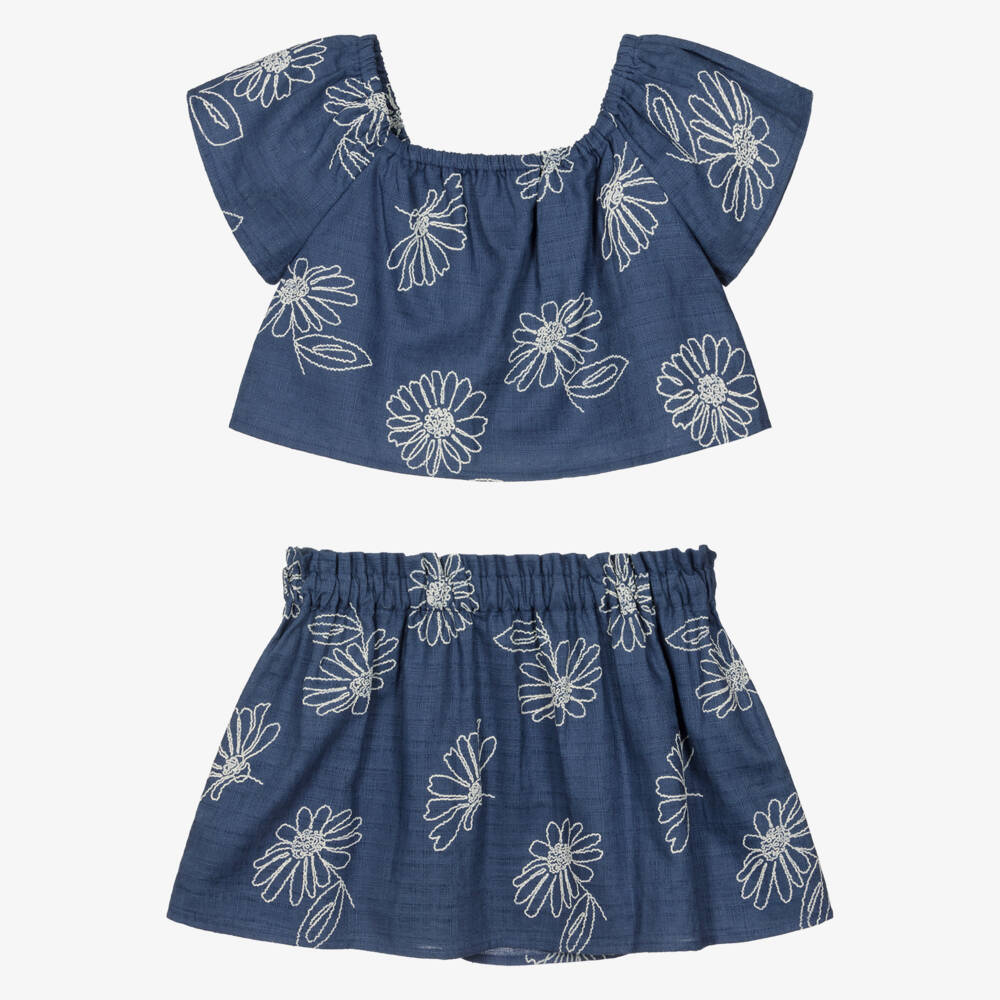 Mayoral-Girls Blue Skirt Set with Embroidered Flowers | Childrensalon