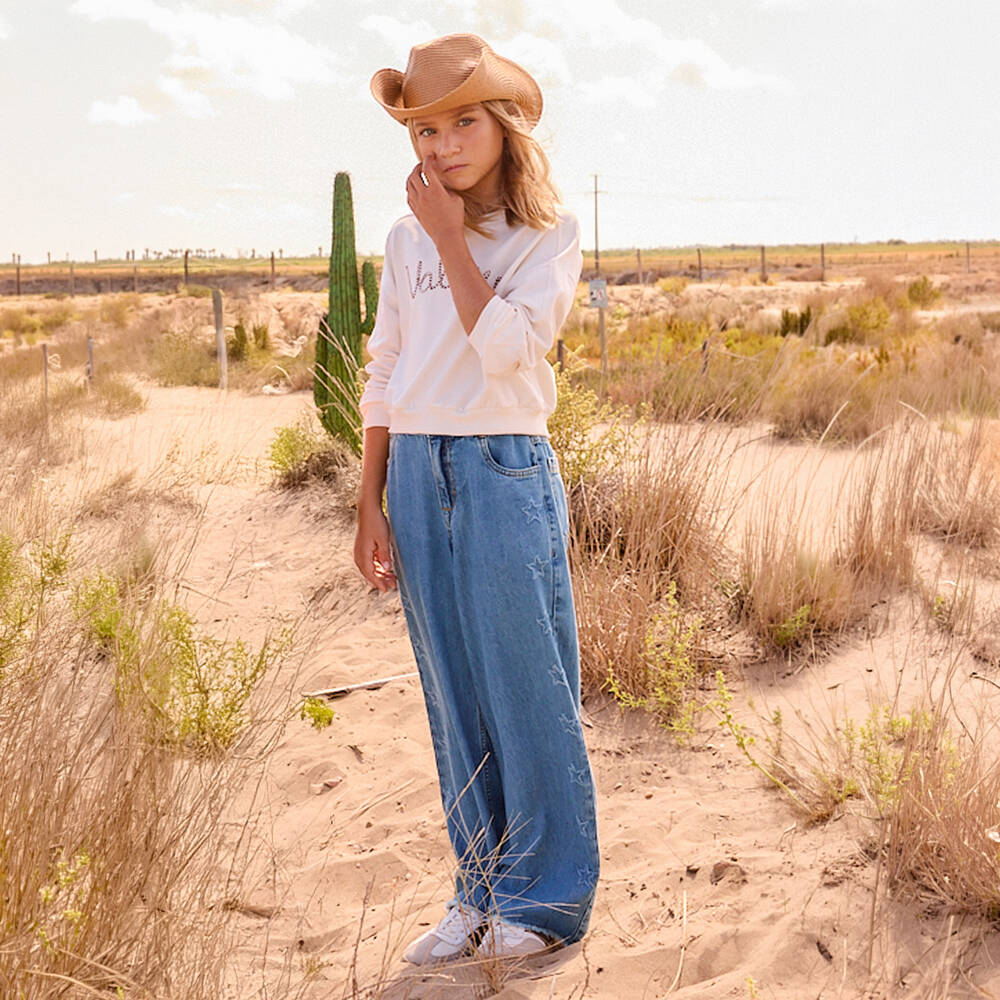 Mayoral-Girls Blue Star Denim Wide Leg Jeans | Childrensalon