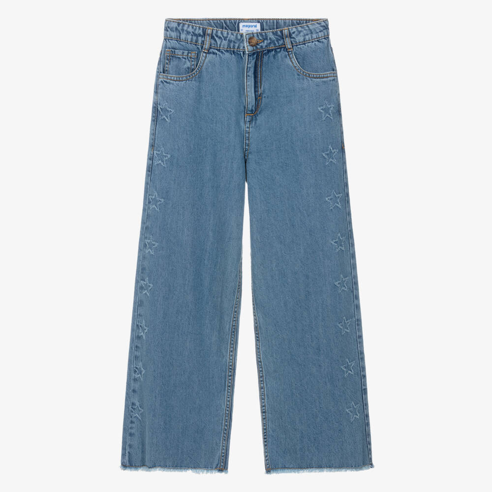 Mayoral-Girls Blue Star Denim Wide Leg Jeans | Childrensalon
