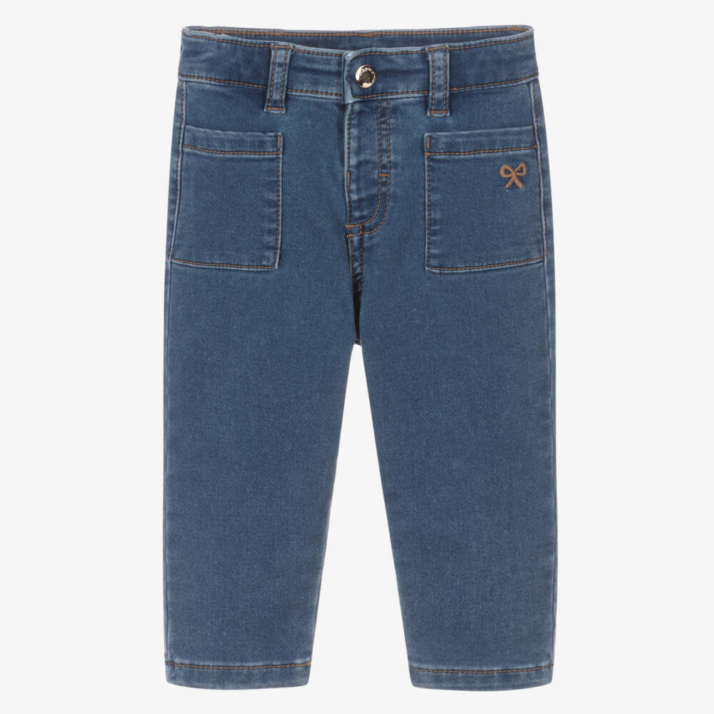 Mayoral-Girls Blue Stretch Denim Jeans with Embroidered Bow | Childrensalon