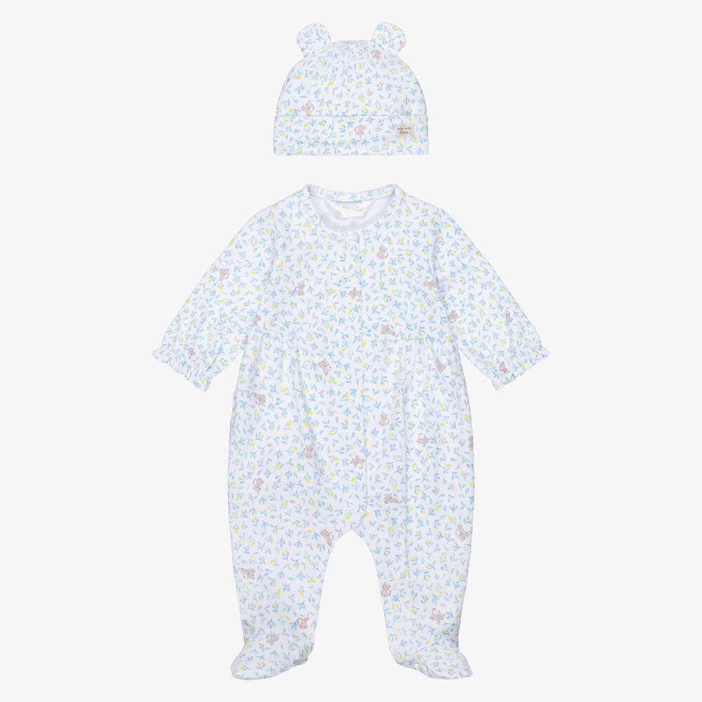 Mayoral Newborn-Girls Blue & White Kitten Print Babygrow Set | Childrensalon