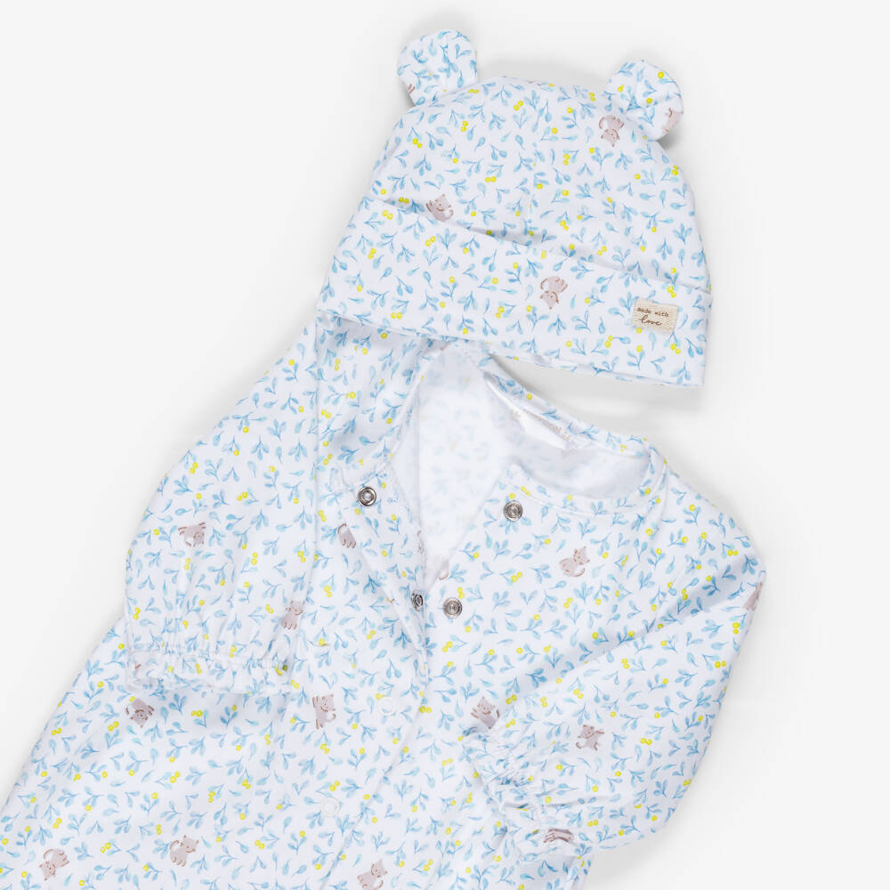 Mayoral Newborn-Girls Blue & White Kitten Print Babygrow Set | Childrensalon