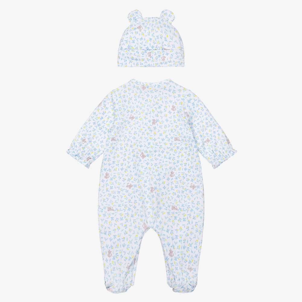 Mayoral Newborn-Girls Blue & White Kitten Print Babygrow Set | Childrensalon