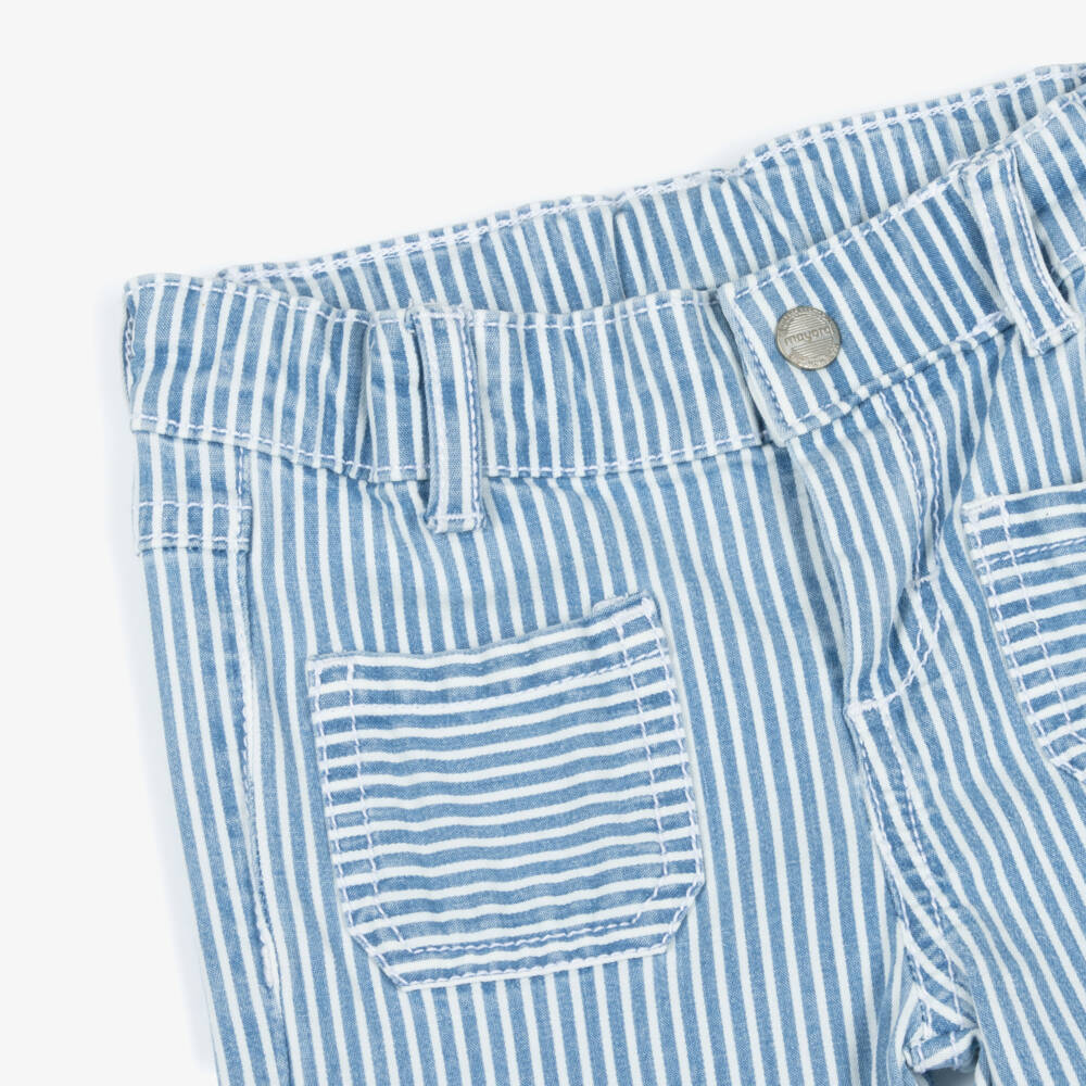 Mayoral-Girls Blue & White Striped Cotton Trousers | Childrensalon