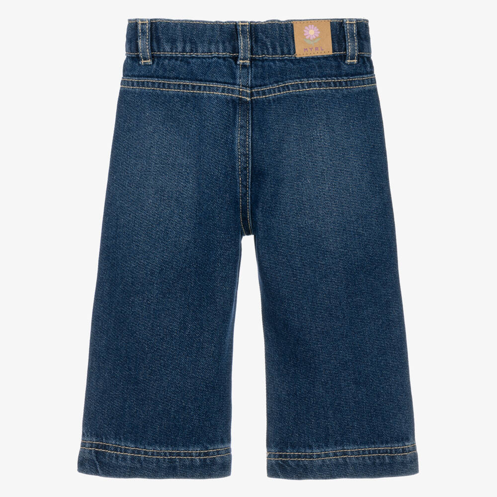 Mayoral-Girls Blue Wide Leg Jeans with Floral Embroidery | Childrensalon