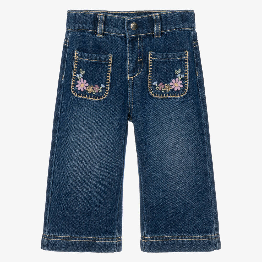 Mayoral-Girls Blue Wide Leg Jeans with Floral Embroidery | Childrensalon