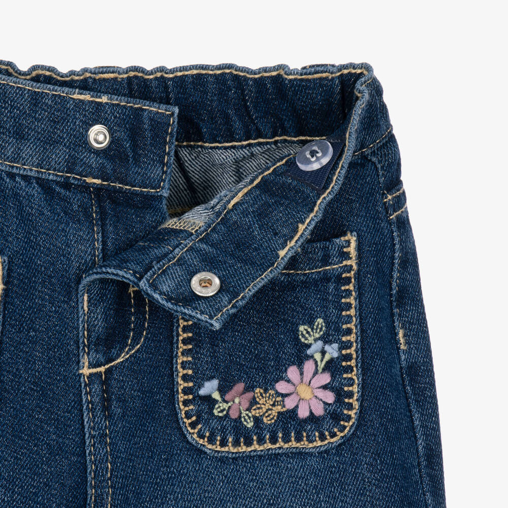 Mayoral-Girls Blue Wide Leg Jeans with Floral Embroidery | Childrensalon