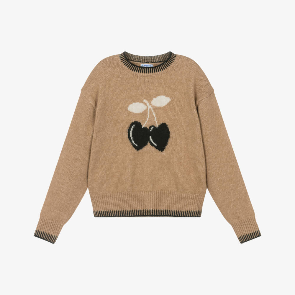 Mayoral-Girls Brown Cherry Heart Knitted Jumper | Childrensalon