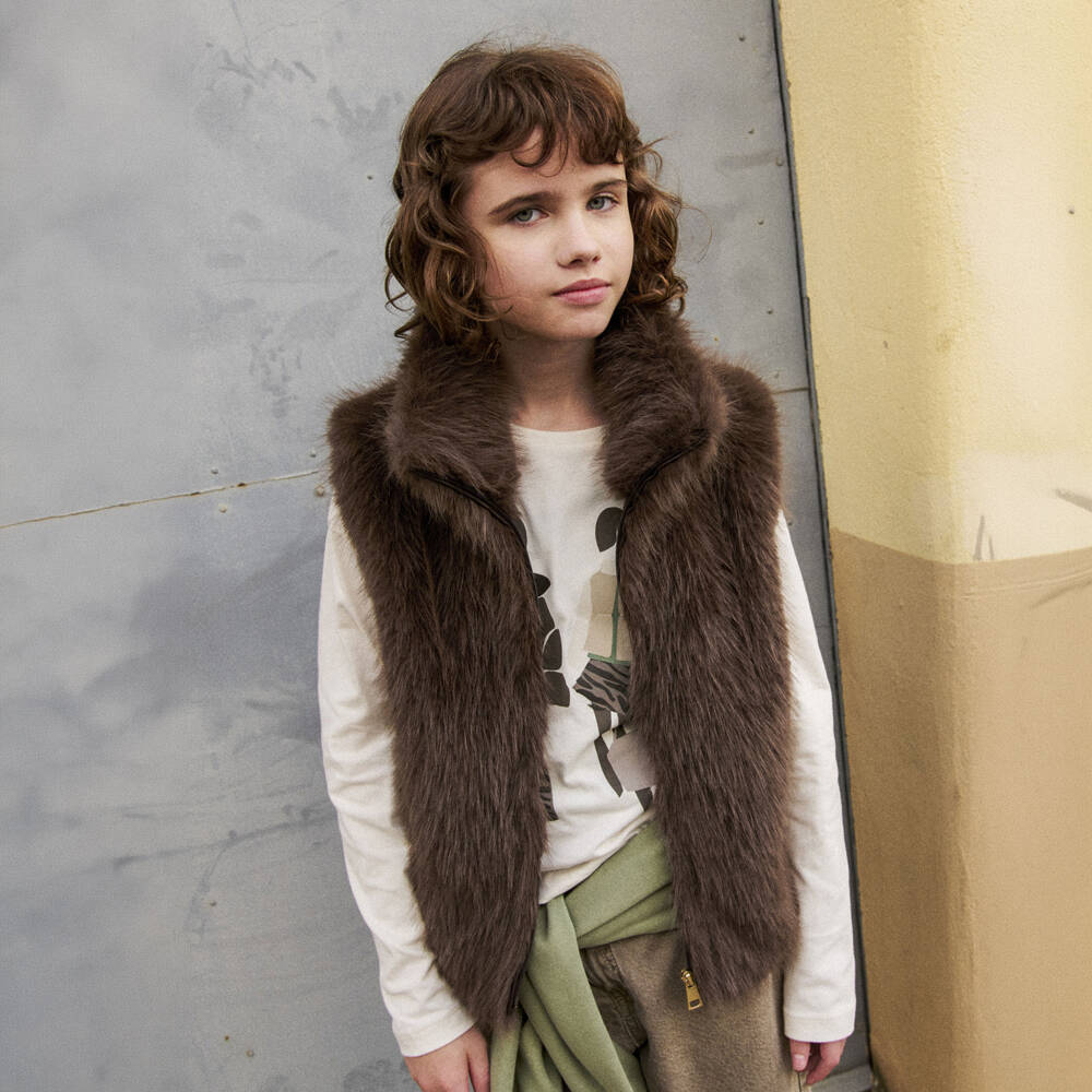 Mayoral-Girls Brown Faux Fur Gilet with Zip Front | Childrensalon