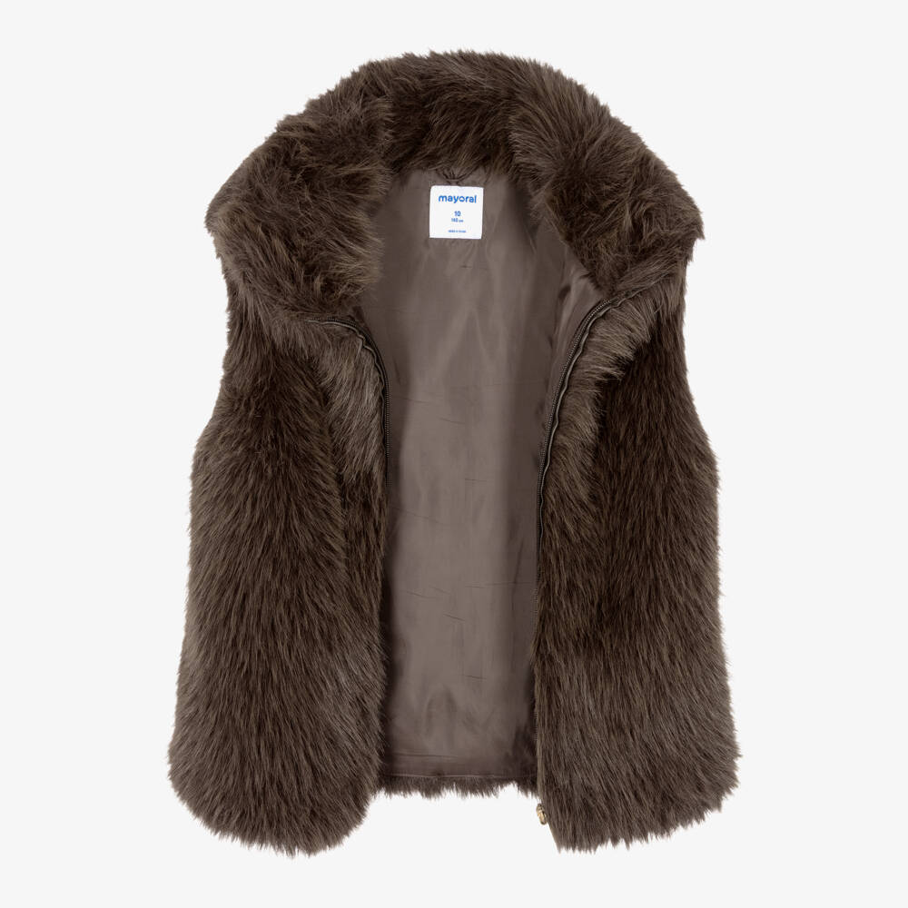Mayoral-Girls Brown Faux Fur Gilet with Zip Front | Childrensalon
