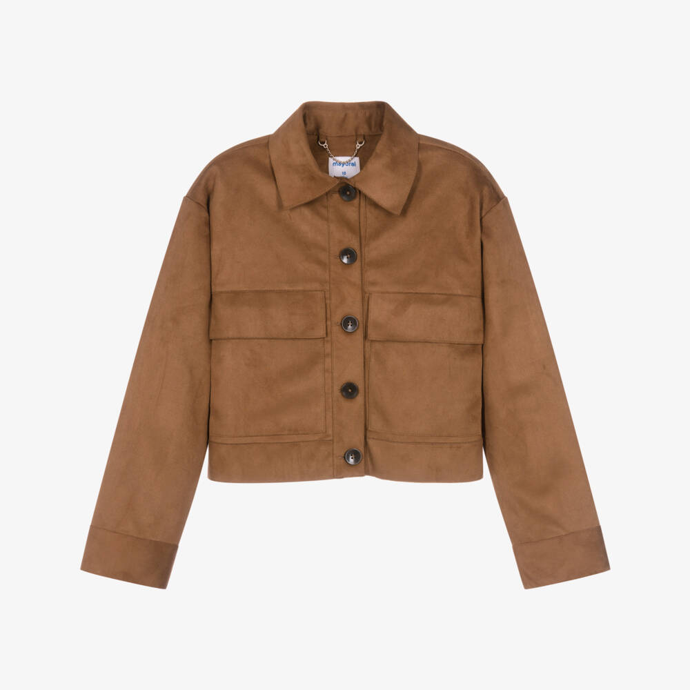 Mayoral-Girls Brown Faux Suede Jacket | Childrensalon