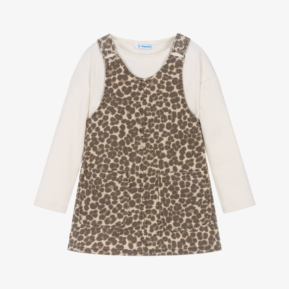 Mayoral-Girls Brown Leopard Print Denim Pinafore Dress Set | Childrensalon