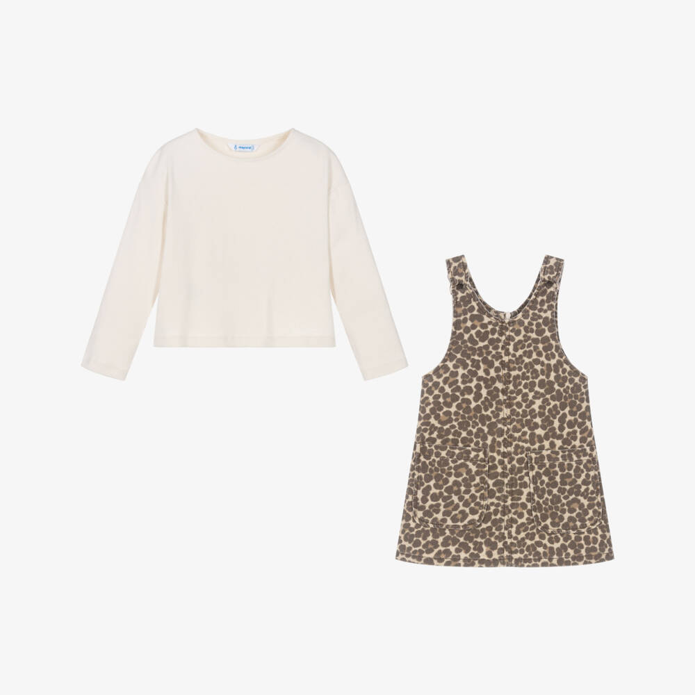 Mayoral-Girls Brown Leopard Print Denim Pinafore Dress Set | Childrensalon