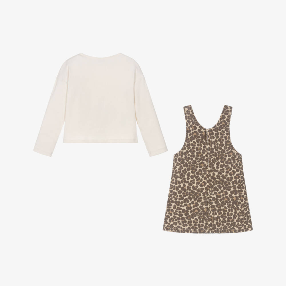 Mayoral-Girls Brown Leopard Print Denim Pinafore Dress Set | Childrensalon