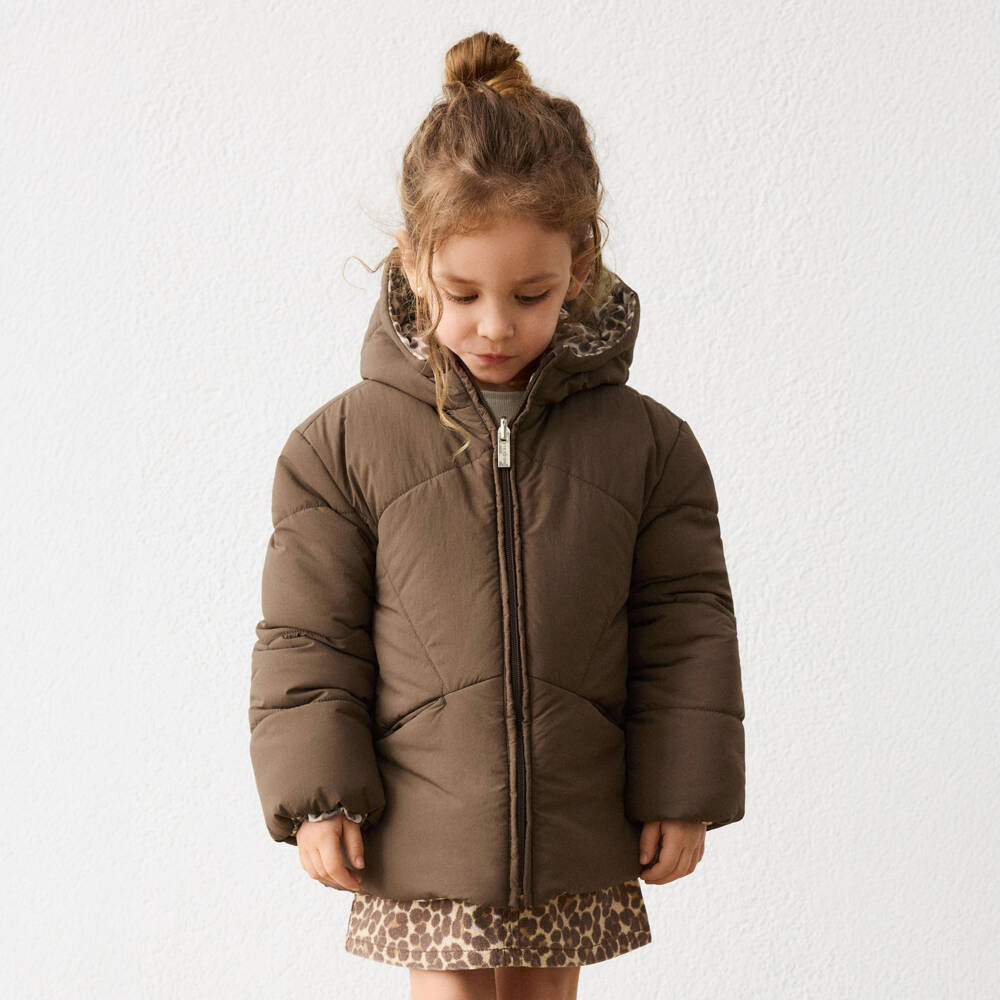 Mayoral-Girls Brown Leopard Print Reversible Hooded Jacket | Childrensalon