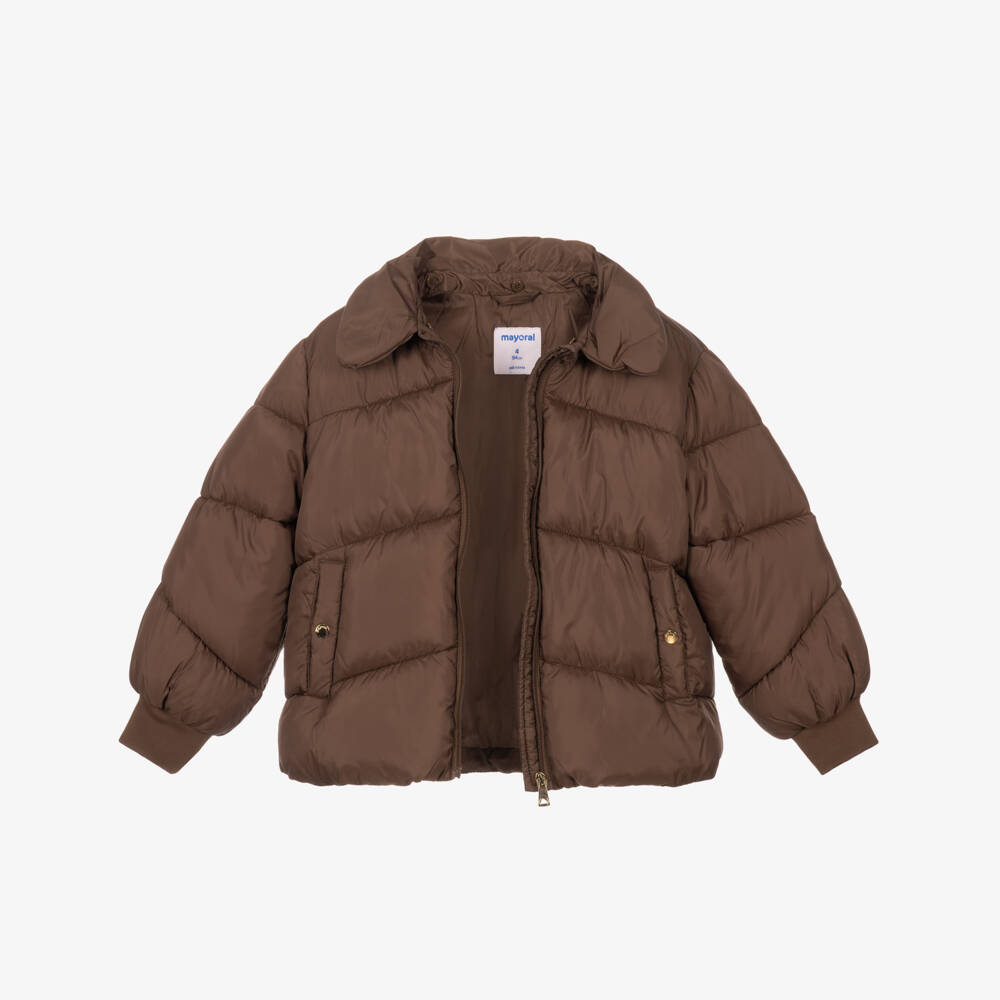 Mayoral-Girls Brown Puffer Jacket with Faux Fur Collar | Childrensalon