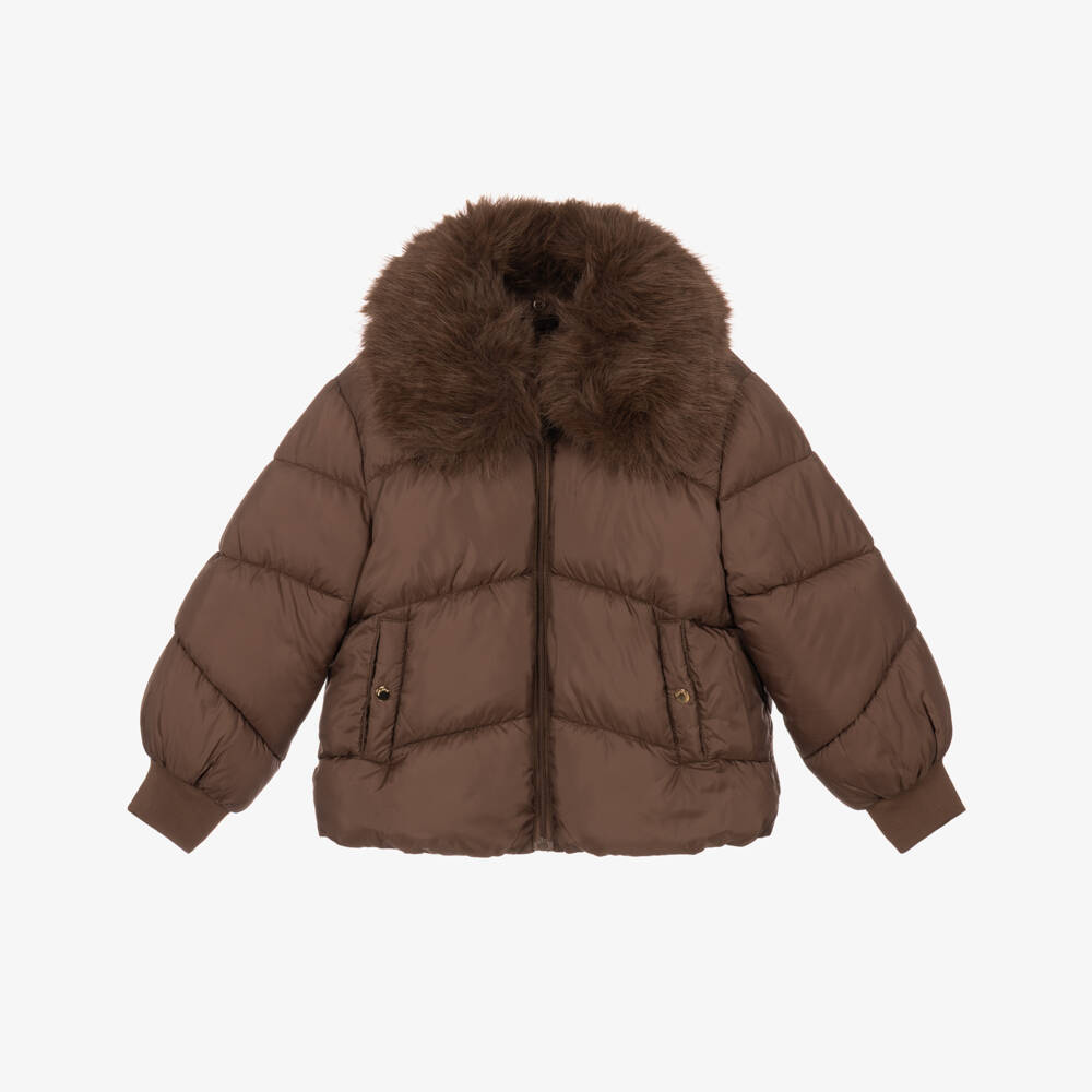Mayoral-Girls Brown Puffer Jacket with Faux Fur Collar | Childrensalon