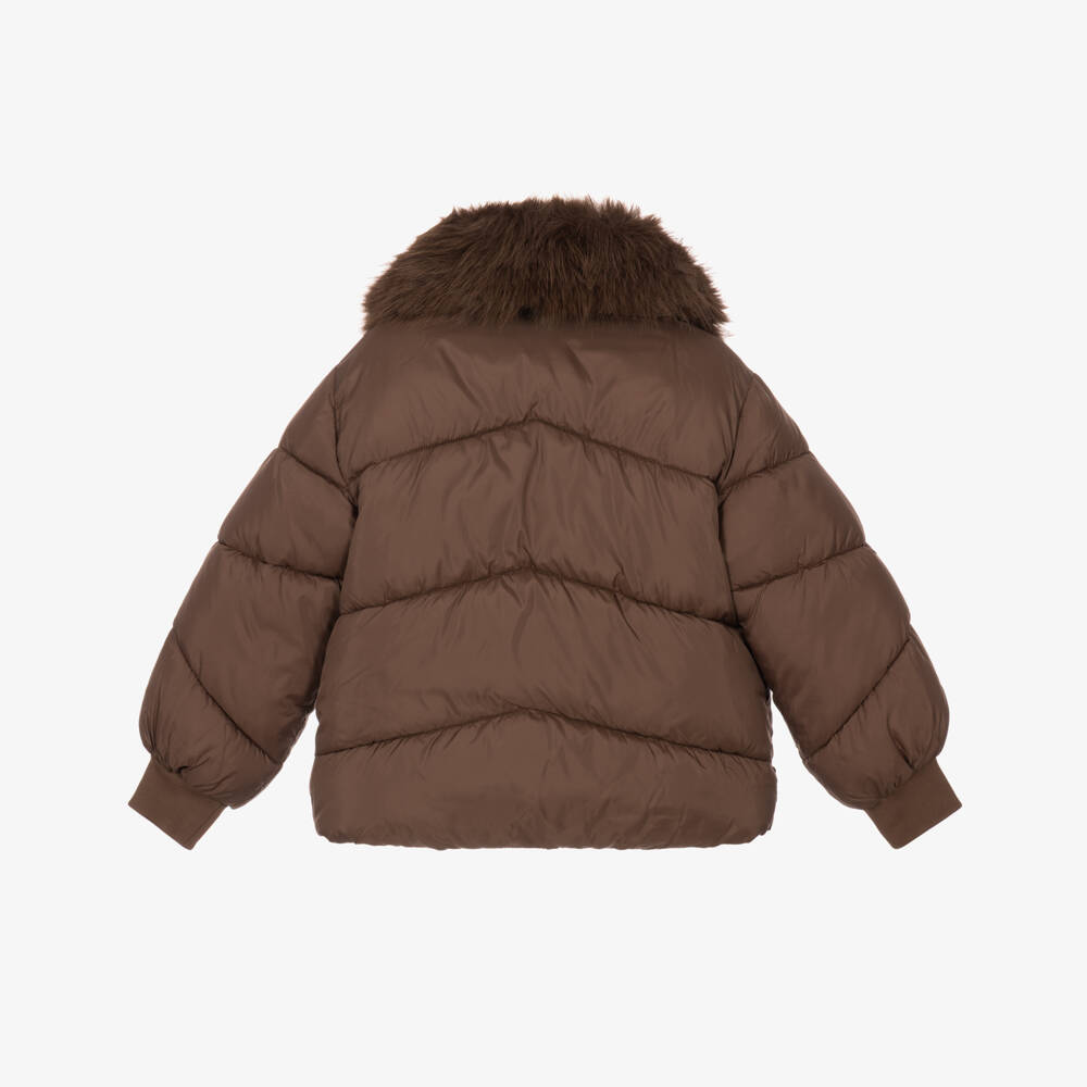 Mayoral-Girls Brown Puffer Jacket with Faux Fur Collar | Childrensalon