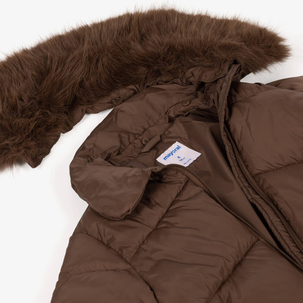 Mayoral-Girls Brown Puffer Jacket with Faux Fur Collar | Childrensalon