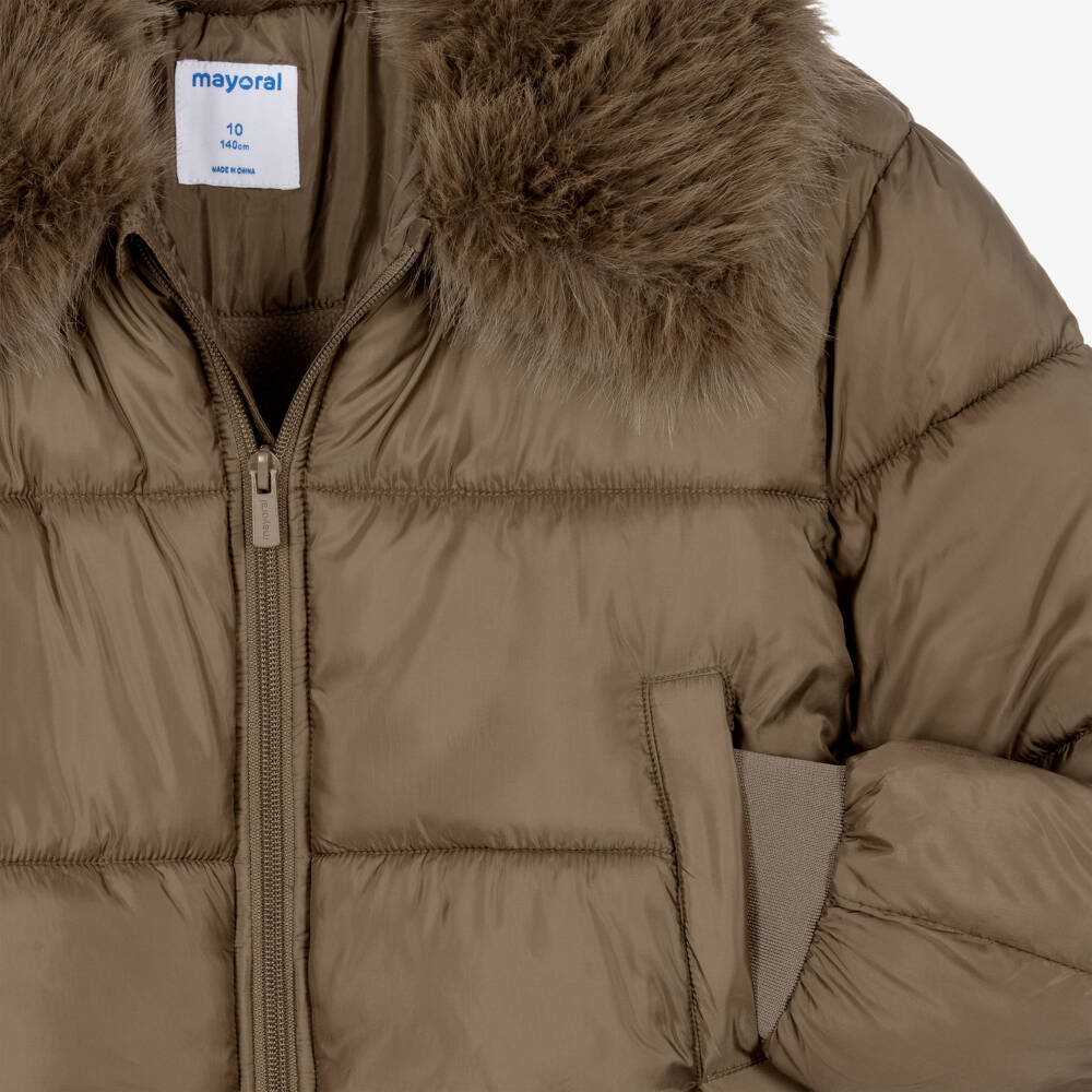 Mayoral-Girls Brown Puffer Jacket with Faux Fur Collar | Childrensalon