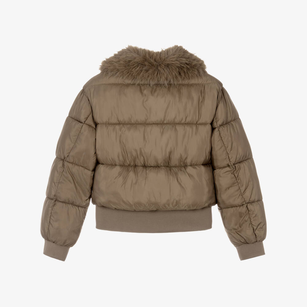 Mayoral-Girls Brown Puffer Jacket with Faux Fur Collar | Childrensalon
