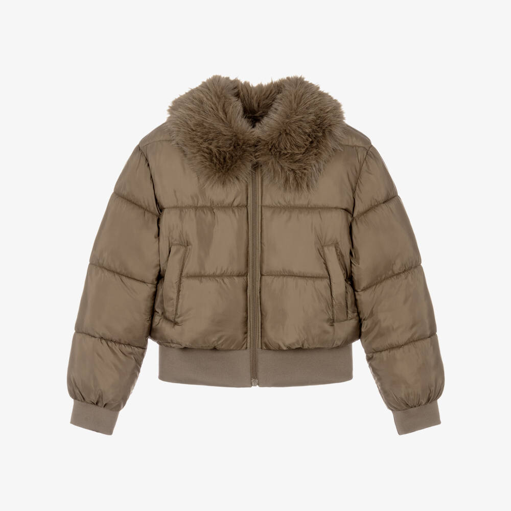 Mayoral-Girls Brown Puffer Jacket with Faux Fur Collar | Childrensalon