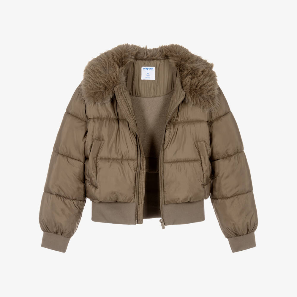 Mayoral-Girls Brown Puffer Jacket with Faux Fur Collar | Childrensalon