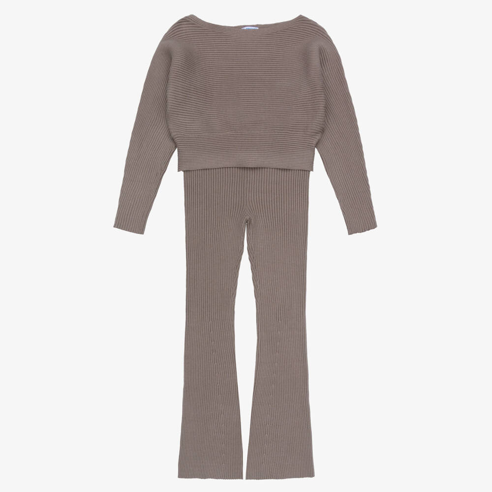Mayoral-Girls Brown Ribbed Knit Leggings Set | Childrensalon