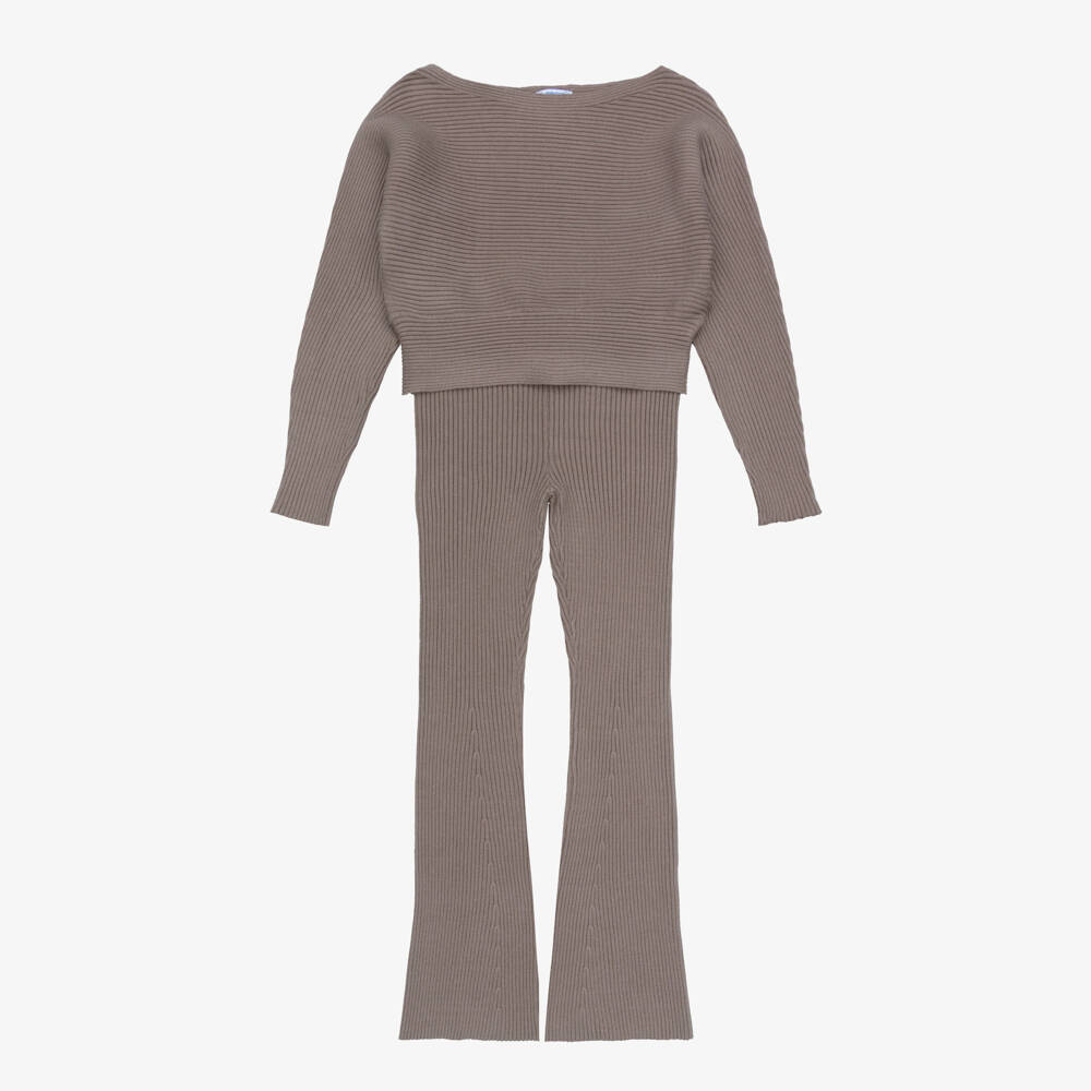Mayoral-Girls Brown Ribbed Knit Leggings Set | Childrensalon