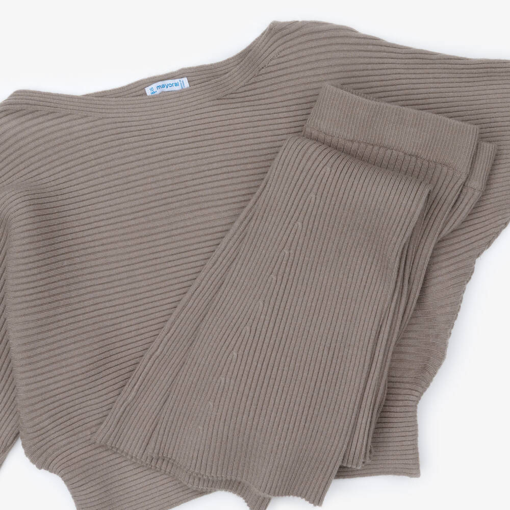 Mayoral-Girls Brown Ribbed Knit Leggings Set | Childrensalon