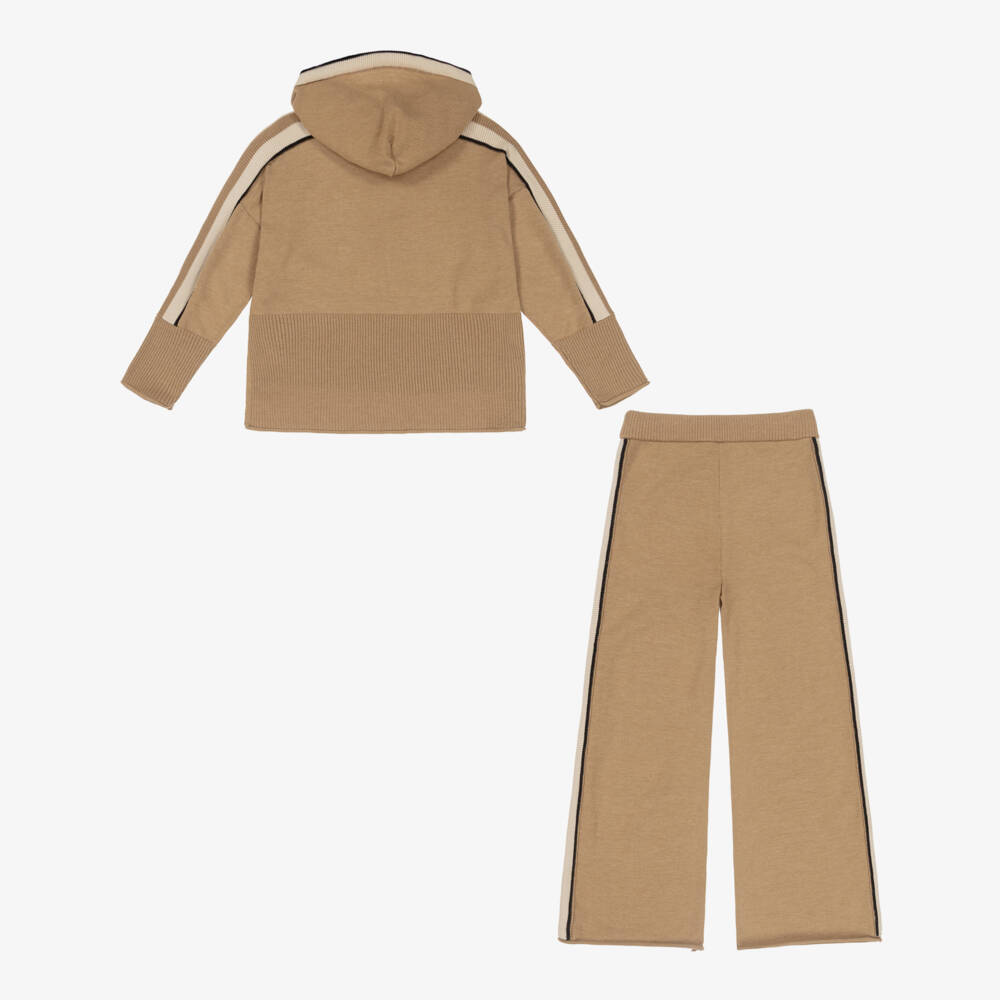 Mayoral-Girls Camel Beige Knitted Trouser Set with Striped Trims | Childrensalon