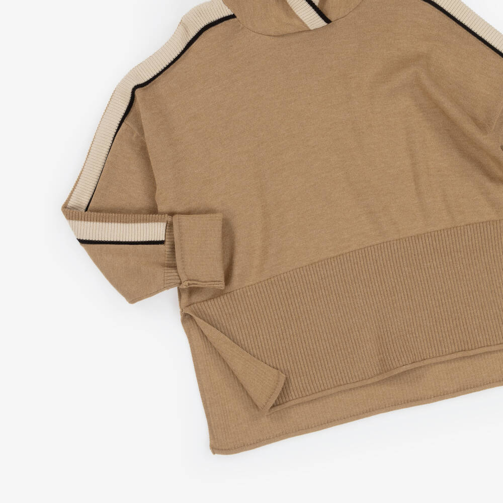 Mayoral-Girls Camel Beige Knitted Trouser Set with Striped Trims | Childrensalon