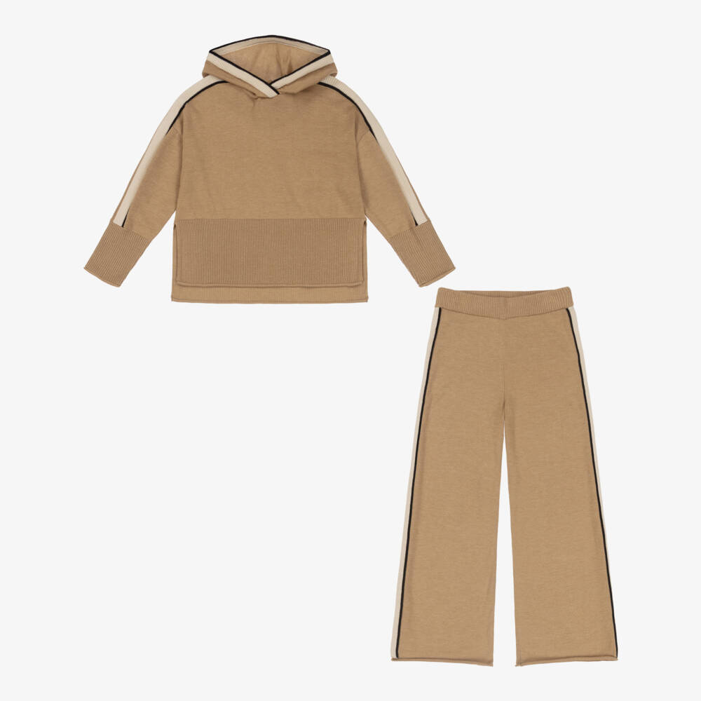 Mayoral-Girls Camel Beige Knitted Trouser Set with Striped Trims | Childrensalon