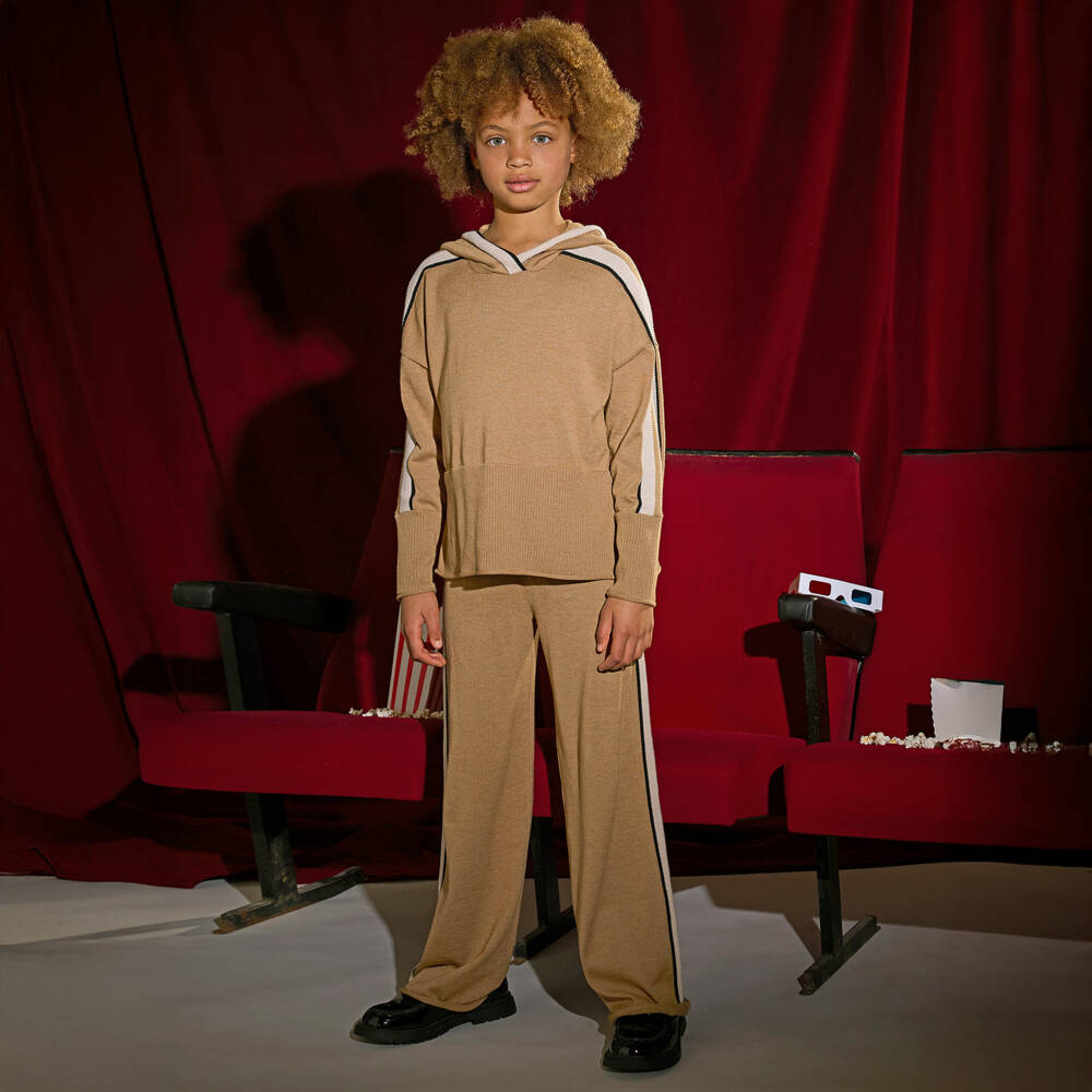 Mayoral-Girls Camel Beige Knitted Trouser Set with Striped Trims | Childrensalon