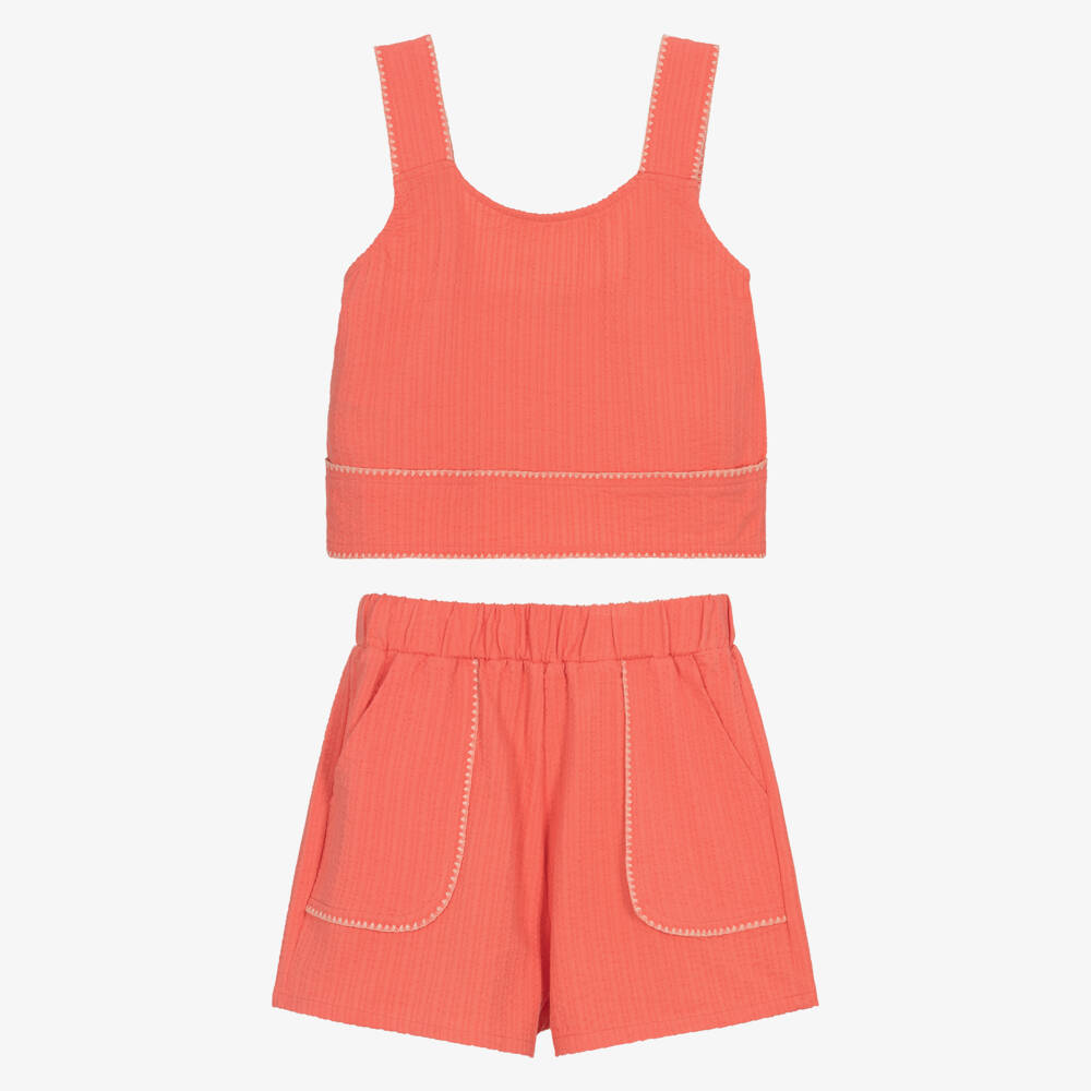 Mayoral-Girls Coral Pink Cotton Jersey Shorts Set | Childrensalon