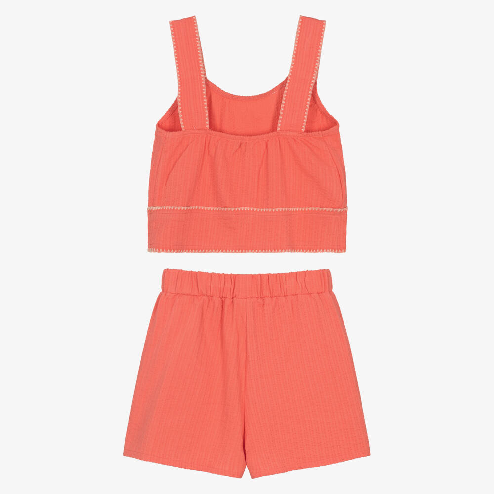 Mayoral-Girls Coral Pink Cotton Jersey Shorts Set | Childrensalon