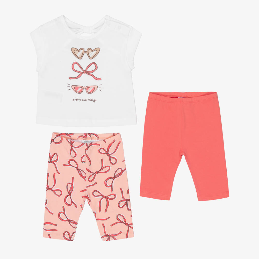 Mayoral-Girls Coral Pink Cotton Leggings Set with Bow Print | Childrensalon