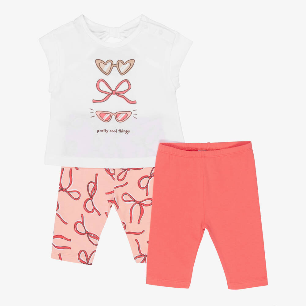 Mayoral-Girls Coral Pink Cotton Leggings Set with Bow Print | Childrensalon