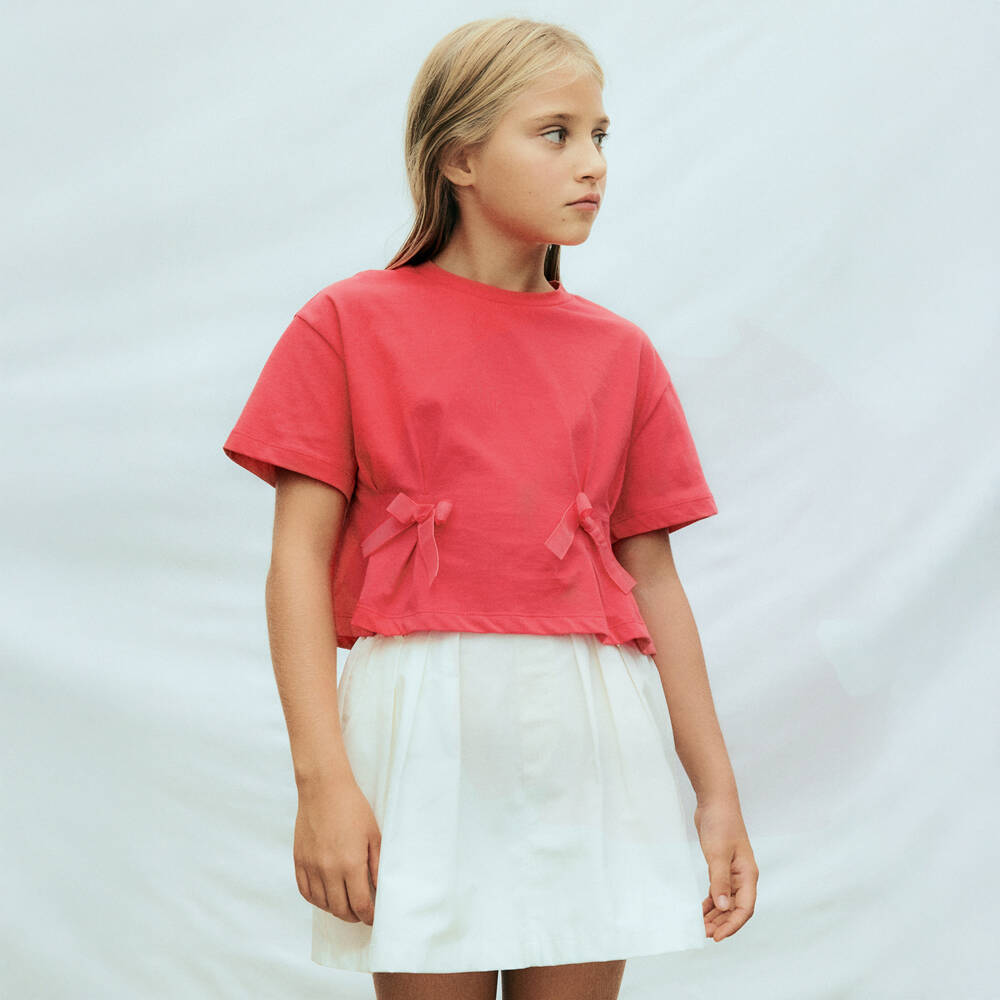 Mayoral-Girls Coral Pink Cotton T-Shirt with Bows | Childrensalon